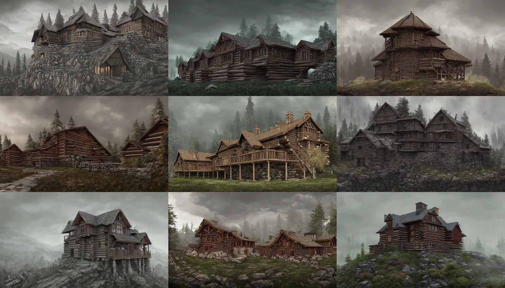 Prompt: proto - slavic palisaded castle, log houses built on hills, gray skies, hyper - detailed, artstation, cgsociety, 8 k