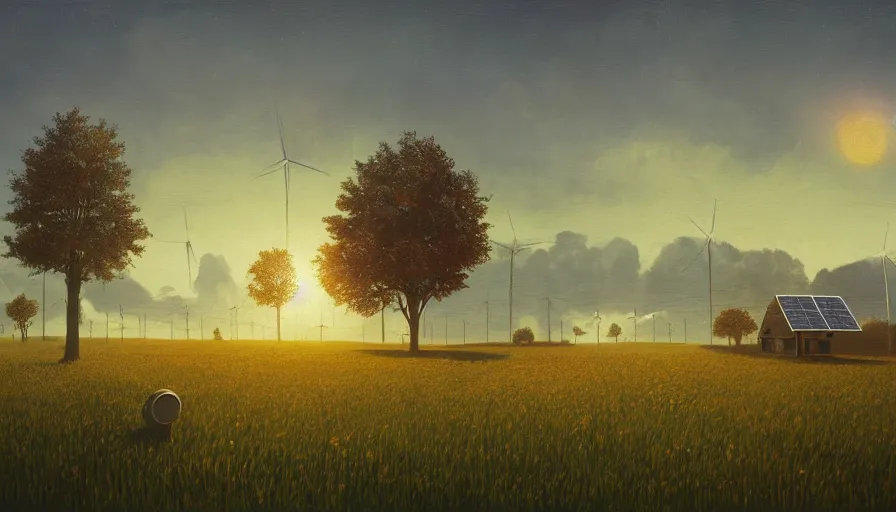 Prompt: field full of solar panels, sun in the sky, early morning, single tree, farmhouse, simon stalenhag