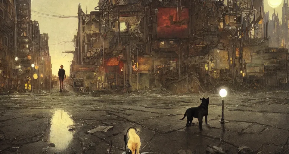 Image similar to a detailed illustration of a lonely sad dog against the background of a ravaged city and a dark moonlit sky, artstation, by Norman Rockwell, Art Nouveau, sophisticated, Unreal engine, dystopia, anti-utopia, post processing, nostalgic melancholic artwork, intricate