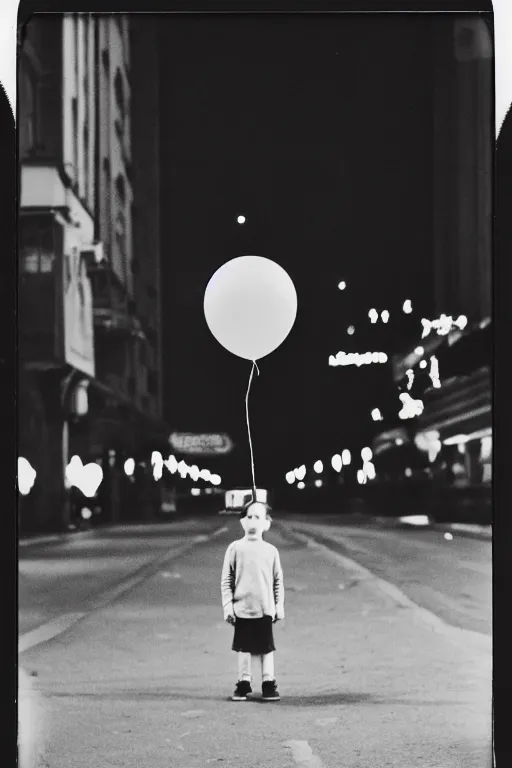 Image similar to photo polaroid of a sad and lonely child in the middle of a street holds the string of a balloon in front of him a Ferris wheel of a funfair, loneliness, black and white ,photorealistic, 35mm film,