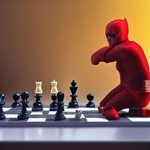 Prompt: daredevil pondering next to a chess set, photograph, octane, painting by greg ruthowski, artstation