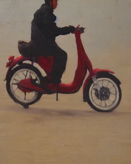 Image similar to asian school boy riding moped, aged oil painting by le pho