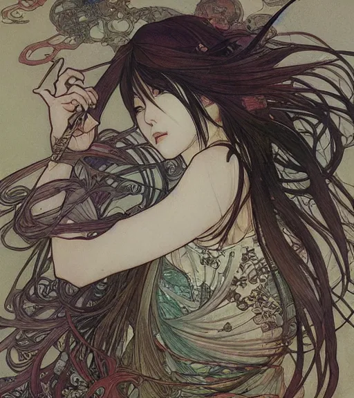 Image similar to yoshitaka amano anime painting, intricate line drawings, pen and ink, alphonse mucha, claire wendling, kentaro miura, ruan jia