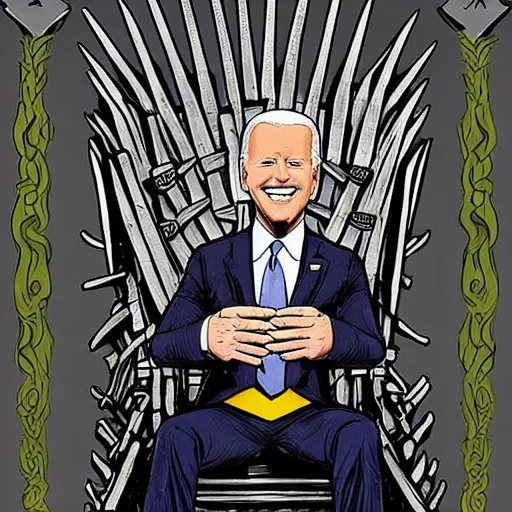 Image similar to joe biden sitting on top of a giant iron throne, a poster by matt bors, trending on reddit, sots art, official art, glorious, epic