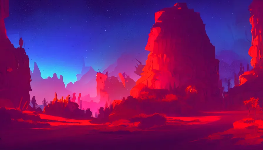 Prompt: concept art by jama jurabaev, cel shaded, cinematic shot, trending on artstation, high quality, brush stroke, neon vibrant colors, under the silent night sky, mysterious canyon streams, lawns, fluorescent spots, luminous flowers, and lonely atmosphere