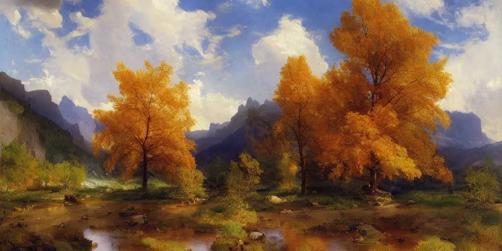 Prompt: lone maple tree growing in grand cayon, thomas moran, oil painting, beautiful composition, masterpiece