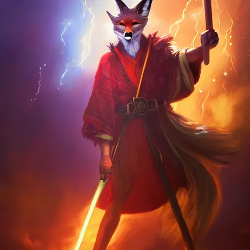 Image similar to the fox magician cast a thunder spell with his staff, lightning, artstation