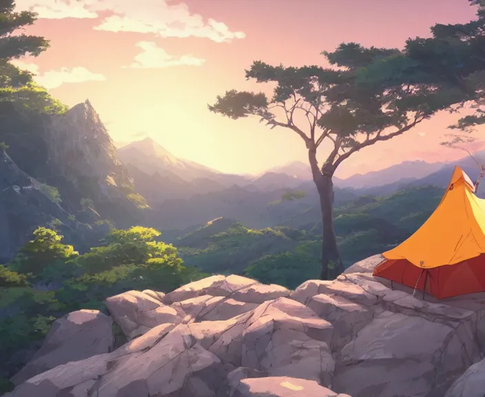 Prompt: A tent built on top of a very large mountain, peaceful and serene, incredible perspective, soft lighting, anime scenery by Makoto Shinkai and studio ghibli, very detailed