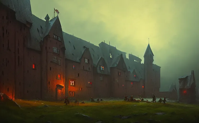 Image similar to an old medieval stronghold with moody and cinematic lighting by simon stalenhag, cinematic and atmospheric, concept art, artstation, trending on artstation