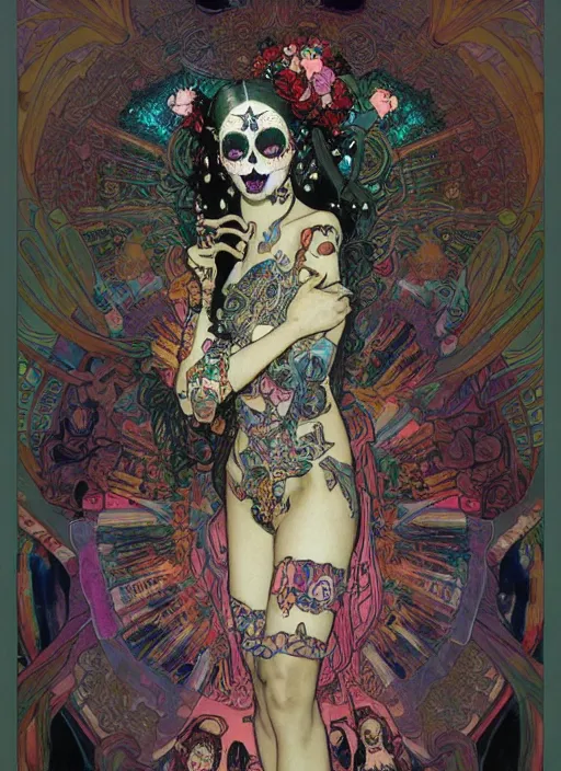 Prompt: cute punk goth fashion fractal Día de los Muertos tattooed hologram girl posing, psychedelic poster art of by Victor Moscoso Rick Griffin Alphonse Mucha Gustav Klimt Ayami Kojima Amano Charlie Bowater, masterpiece