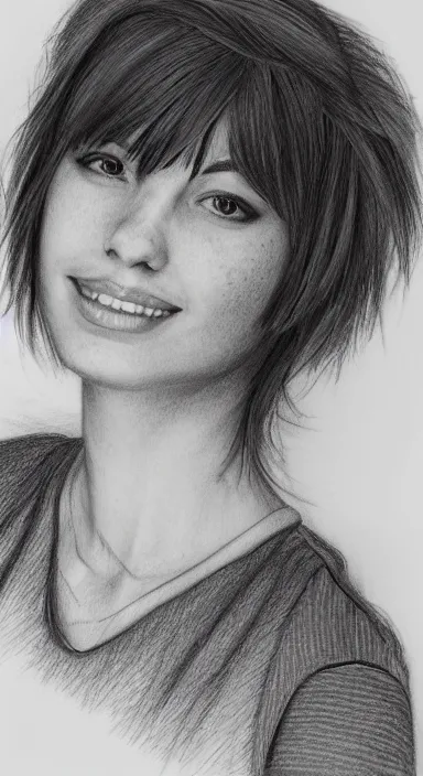 Image similar to highly detailed realistic pencil sketch portrait of a beautiful woman with short hair and bangs and freckles