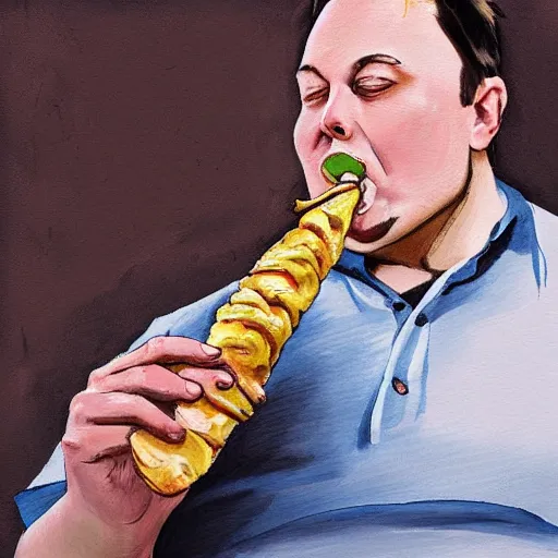 Image similar to portrait photograph of a fat elon musk eating a chicken drumstick, ultra detailed