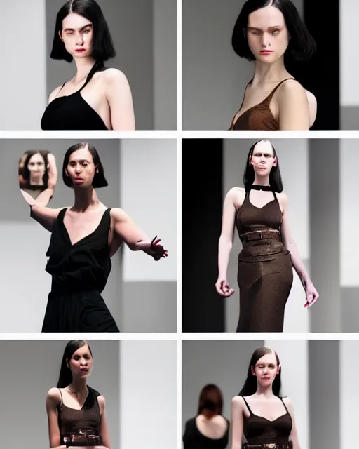 Image similar to multi panel storyboard of olivia wearing different outfits, runway model at new york fashion week, fit curvy physique, black hair, freckles, pale skin, multiple angles, photo by greg rutkowski, stage lighting, soft colors, female beauty, intricate detail, elegance, 3 5 mm, depth of field, masterpiece