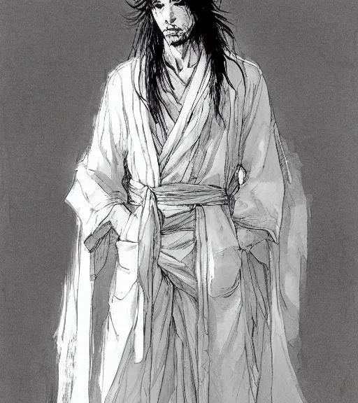 Prompt: portrait of anime man with long hair wearing a white robe stained, pen and ink, intricate line drawings, by craig mullins, ruan jia, kentaro miura, greg rutkowski, loundraw