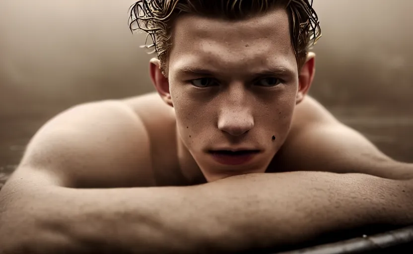 Image similar to photographic portrait by Annie Leibovitz of Tom Holland in a hot tub, foggy, sepia, moody, dream-like, sigma 85mm f/1.4, 15mm, 35mm, 4k, high resolution, 4k, 8k, hd, full color