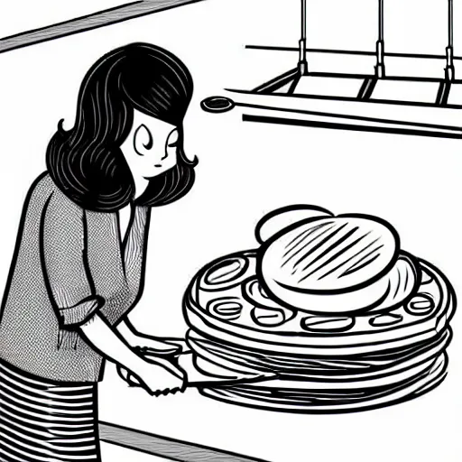 Image similar to book illustration of your mom making gigantic waffles, book illustration, monochromatic, white background, black and white image