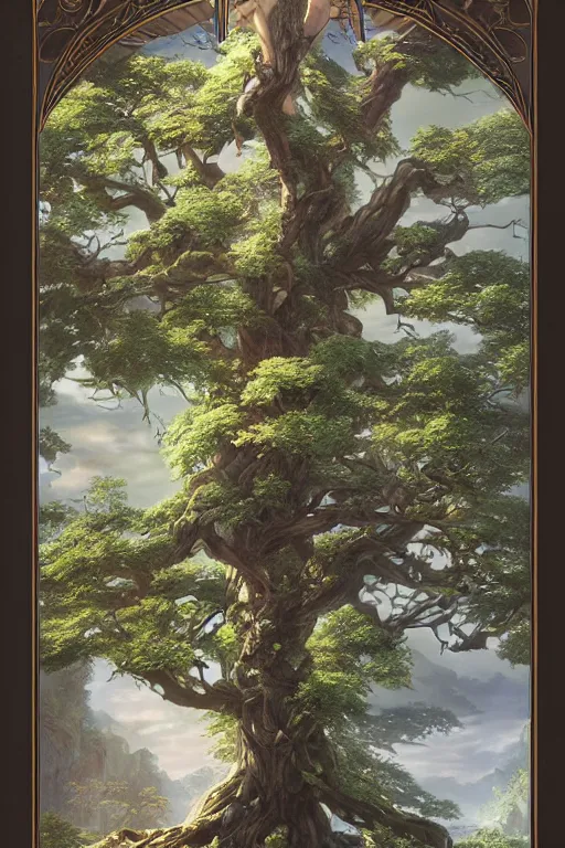 Image similar to tree of four seasons, volymetric light, highly detailed matte painting, noriyoshi ohrai, charlie bowater, mark brooks