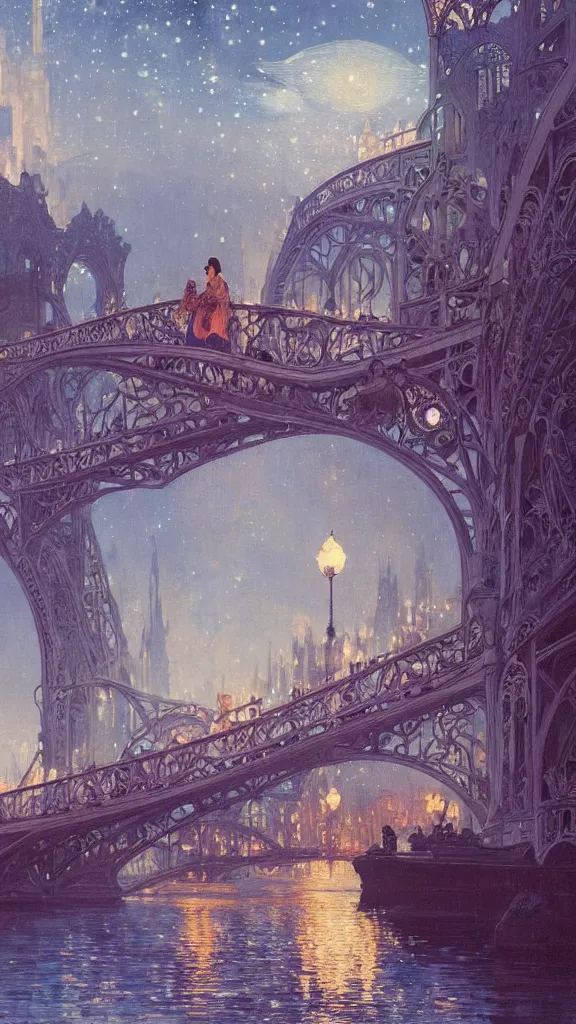 Prompt: a beautiful painting of the view from the river of a city of bridges and arches, with art nouveau architecture, at night with a sky full of stars, intricate, elegant, highly detailed, digital painting, artstation, concept art, by krenz cushart and artem demura and alphonse mucha