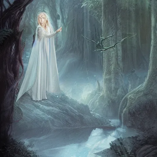 Image similar to A portrait of galadriel's glade, detailed matte painting, cinematic, Alan Lee, Artstation