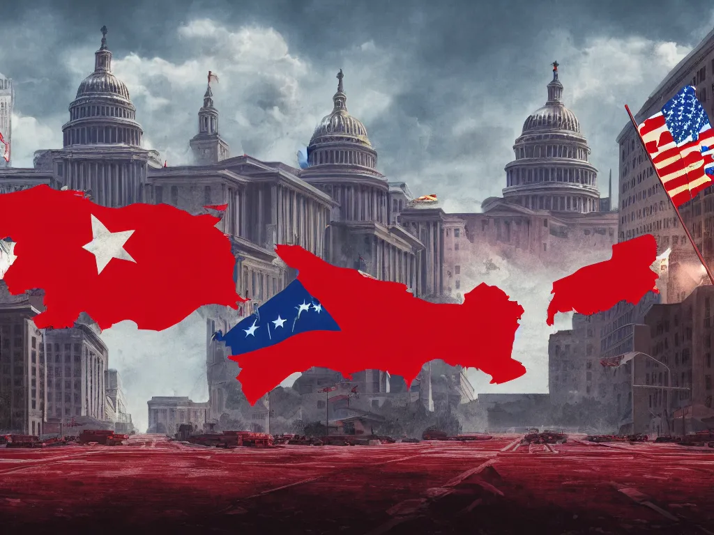 Prompt: landscape matte painting of a communist american state capital showing the triumph of communism in america, socialist american state flags, socialist statues, digital painting, modern city scape, conflict, camaraderie, sacrifice, hope, highly detailed, 4 k, artstation, photorealistic, architecture