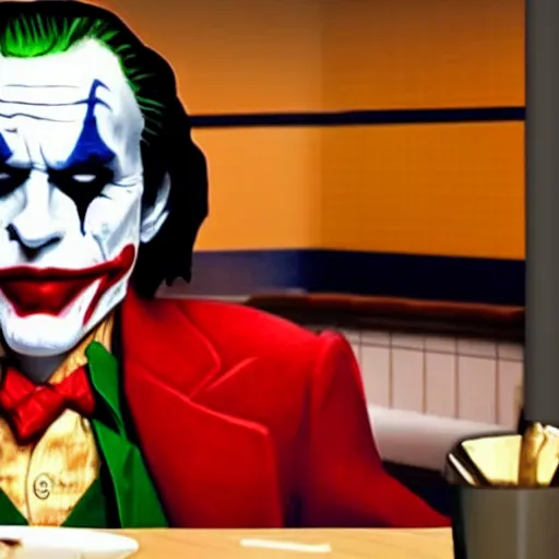 Image similar to cinematic shot of the joker sitting at a table in a popeyes restaurant and eating chicken tenders, 8 k, very detailed, very intricate,