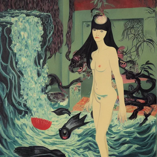 Image similar to tall emo female artist holding a large fish in her flooded apartment, seaweed, pomegranates, octopus, water gushing from ceiling, painting of flood inside an artist's apartment, a river flooding indoors, ikebana, zen, rapids, waterfall, black swans, canoe, berries, acrylic on canvas, surrealist, by magritte and monet