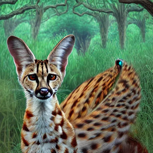 Image similar to photorealistic fantasy digital art of a serval whose torso is extremely long and thin and twisted into a coil, resembling a snake. it is in an oak forest. its tongue is a long forked snake - tongue. realistic high - resolution whimsical image.