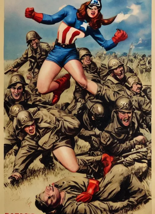 Prompt: female captain america standing on a pile of defeated german soldiers. female captain america wins wwii. american wwii propaganda poster by james gurney. ve day
