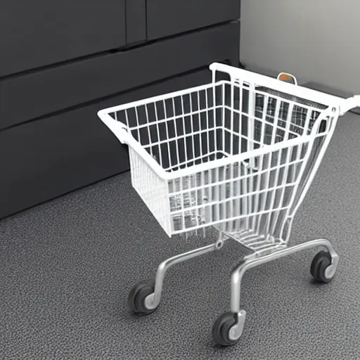 Prompt: shopping cart with cameras and sensors, ikea style, made of plastic and metal, white, hyper realistic