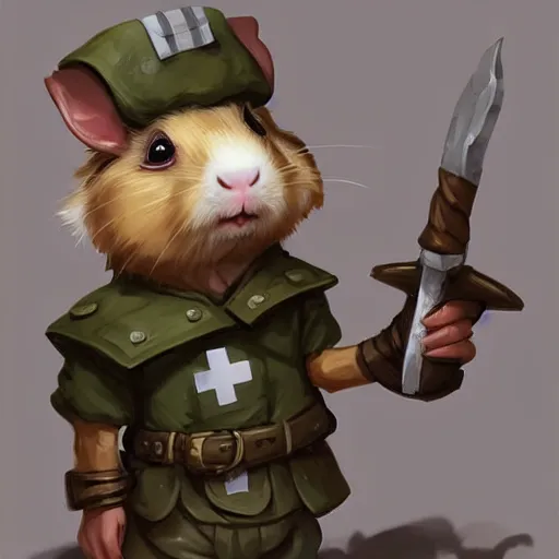 Image similar to cute little anthropomorphic Guinea Pig Field Medic, tiny, small, short, Modern Field medic with red cross, cute and adorable, pretty, beautiful, DnD character art portrait, matte fantasy painting, DeviantArt Artstation, by Jason Felix by Steve Argyle by Tyler Jacobson by Peter Mohrbacher, cinema