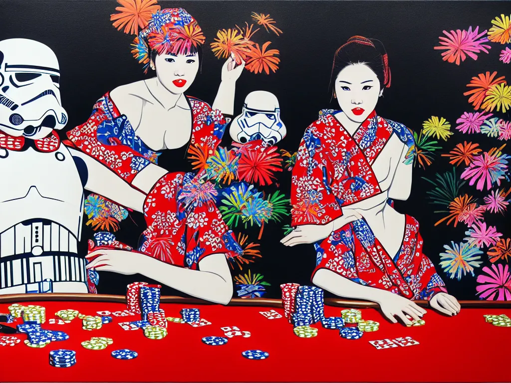 Image similar to hyperrealism composition of the detailed single woman in a japanese kimono sitting at an extremely detailed poker table with stormtrooper, fireworks, river on the background, pop - art style, jacky tsai style, andy warhol style, acrylic on canvas