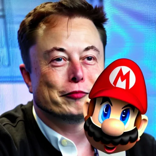 Image similar to Elon Musk dressed as Mario at a bussines meeting with Twitter board