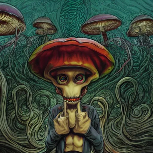 Image similar to A centered chest up portrait of a psychedelic demonic anthropomorphic snake smoking a hand-rolled cigarette smoking heavily , magic mushroom village in background , award winning. superb resolution. in the art style of junji Ito and greg rutkowski . Detailed Mushroom city in background. Hyper realistic anime. Perfect art. Dalle2