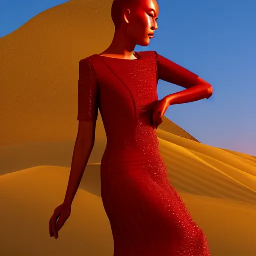 Prompt: innovative avant-garde art, deco fashion, asian women, wearing red, highly detailed, photorealistic portrait, serene desert setting, golden hour, crisp quality and light reflections, unreal engine 5 quality render