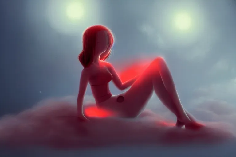 Prompt: a cute robot girl sitting on a cloud relaxing, red lighting, mist, digital art,