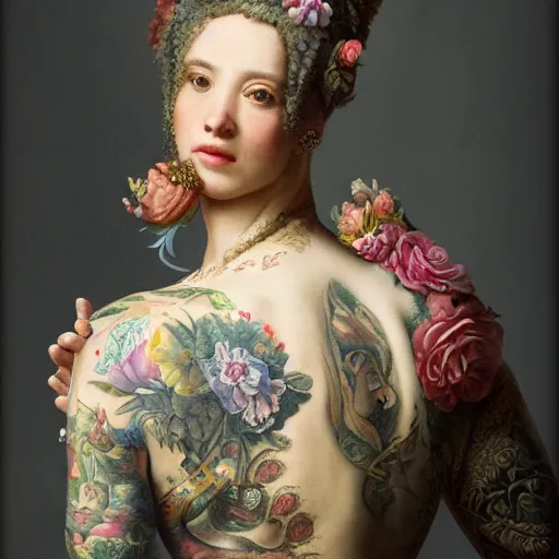 Prompt: ultra detailed, 4 k portrait of a tattooed woman in baroque dress by rachel ruysch