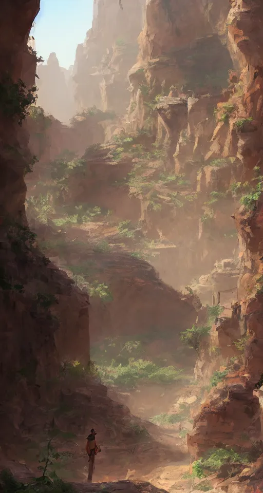 Image similar to canyon, ground filled with flowers, camel traders walking through, artstation