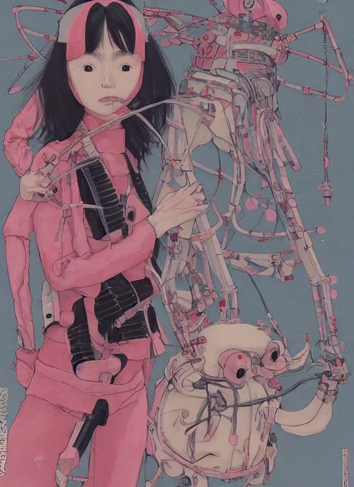 Image similar to Artwork by James Jean, Phil noto and hiyao Miyazaki ; (1) a young Japanese future samurai police lady named Yoshimi battles an (1) enormous evil natured carnivorous pink robot on the streets of Tokyo; Japanese shops and neon signage; crowds of people running; Art work by hiyao Miyazaki, Phil noto and James Jean