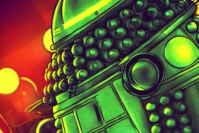 Image similar to daleks!, in the style of john avon and derek riggs and eva widermann, trending on artstation, halfrear lighting closeup view anaglyph filter, bokeh, anime, colored pencil art, belle epoque