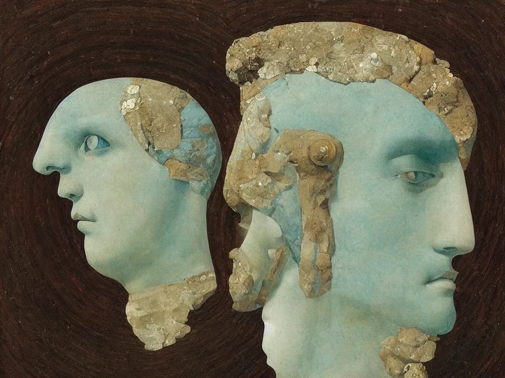 Image similar to broken marble greek sculpture head of the god of tranquility with inlaid crystal eye. lapis - lazuli, turquoise, malachite, cinnabar, earth brown. painting by piero della francesca, balthus, agnes pelton