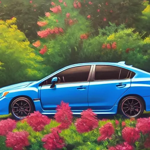 Prompt: Oil painting of a blue Subaru WRX surrounded by flowers