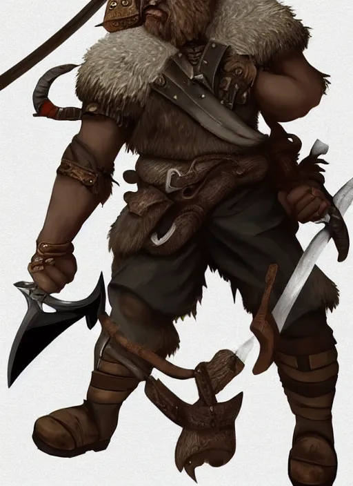 Image similar to strong young man, photorealistic bugbear ranger holding aflaming sword, black beard, dungeons and dragons, pathfinder, roleplaying game art, hunters gear, jeweled ornate leather and steel armour, concept art, character design on white background, by studio ghibli, makoto shinkai, kim jung giu, poster art, game art