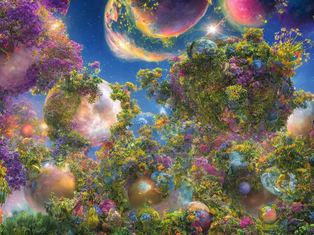 Image similar to 3 d render, the universe is a spheroid region 7 0 5 meters in diameter, hilo springtime, sunlight study, art nouveau, by rachel ruysch and ( ( ( ( ( lisa frank ) ) ) ) ) and ( ( ( ( ( hans zatzka ) ) ) ) ), 8 k, extreme detail, sharp focus, octane render