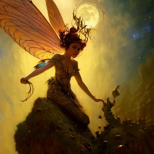 Image similar to attractive fairy queen fly high in the night, fantasy, full moon in background. hyper detailed painting by gaston bussiere, craig mullins, j. c. leyendecker, mid shot, 8 k, cryengone, cinematic lighting, beautiful,