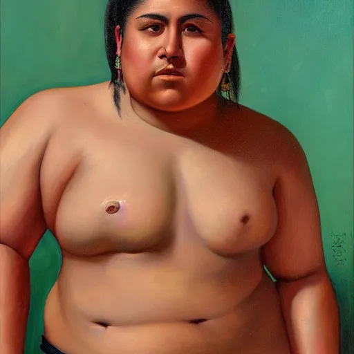 Prompt: A portrait of a strong and thick attractive non-binary person, saturated skin tone, Mexican, oil painting, majestic, detailed, high resolution