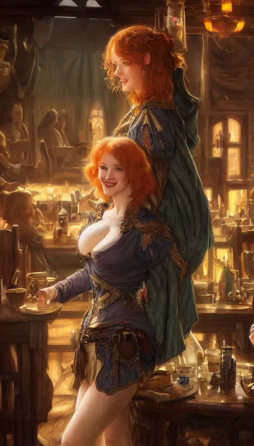Image similar to young christina hendricks in a tavern, energetic, laughing, fit, warhammer, lord of the rings, sweaty, strong, intricate, highly detailed, digital painting, artstation, concept art, smooth, sharp focus, illustration, unreal engine 5, 8 k, art by artgerm and greg rutkowski and alphonse mucha