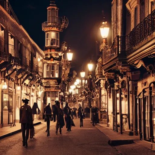 Prompt: a street level photo of a steampunk victorian city street, with people walking on the streets, at night, 4k, canon 5D