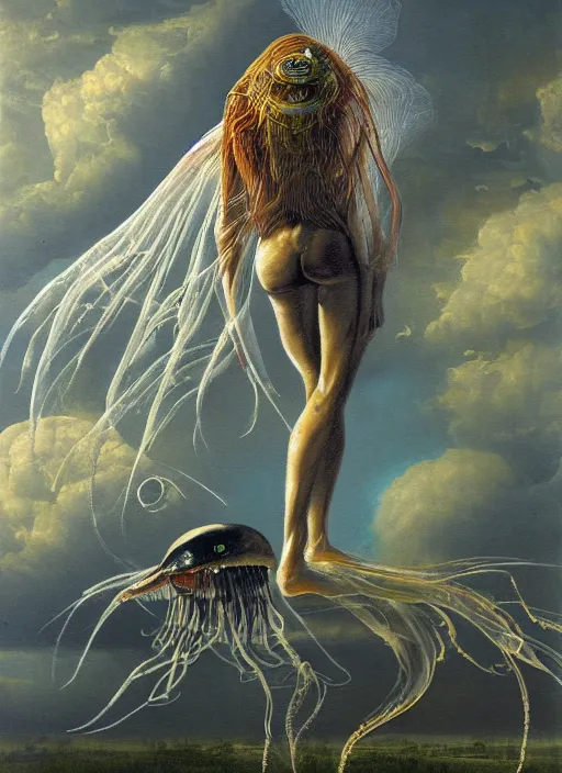 Prompt: an anatomical oil painting of a jellyfish Harpy from a medical journal by Julie Bell and Scott Listfield, highly detailed, high detail, 8k, storm clouds, birds, dramatic lighting