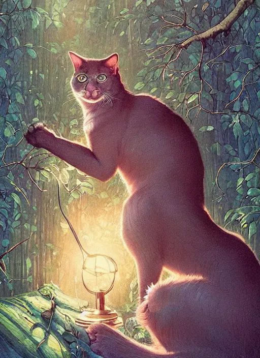 Image similar to a cat with happy lighting and technology jewelry in the woods gorgeous lighting, sunbeams blue sky, lush forest foliage painting by chiara bautista and beksinski and norman rockwell and greg rutkowski weta studio, and lucasfilm