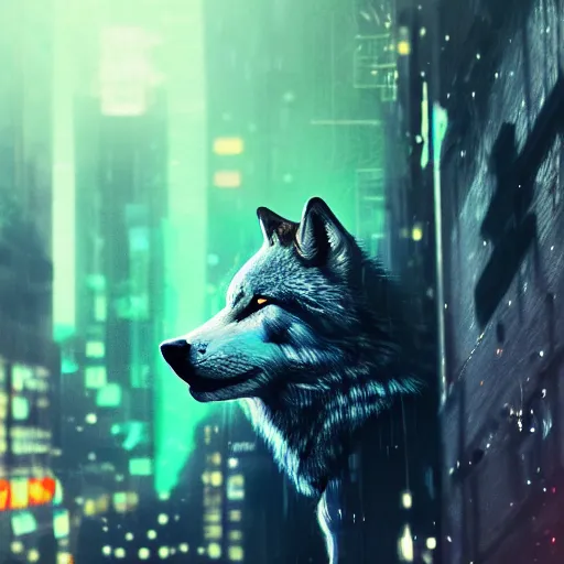 Prompt: portrait of wolf animal with cyberpunk gogles, realistic style of cyberpunk, editorial photography, neons, blade runner, futuristic style, bokeh and depth of field, award winning, establishing shot